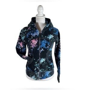 Lululemon 8 Petal Pop Jacket Black Floral Hood Hoodie Zip Pockets Fleece